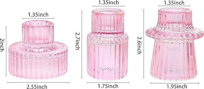 Vixdonos Pink Candlestick Holders Set of 3 Glass Candle Holders for Taper Candles,Pillar Candles and Tealight Candles