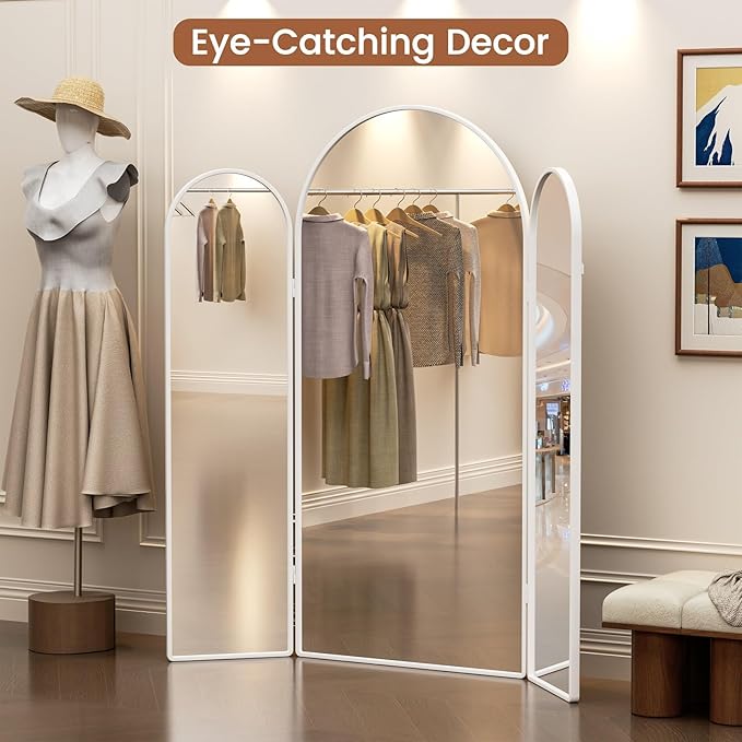 3 Way Arched Full Length Mirror Free Standing, 71"x 67" Large Modern Trifold Mirror, 3-in-1 Detachable Panel Tempered Glass & Metal Frame, for Dressing Room, Bridal Shop, Clothing Store (White)