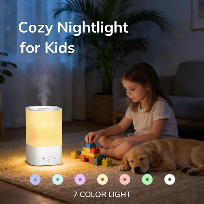 ZAFRO 3.2L Comfort Humidifier for Bedroom, 7 Color LED Night Light, Top Fill Design & Multiple Mist Levels, 24 dB Quiet Ultrasonic Comfort Humidifiers, White, Touch Control