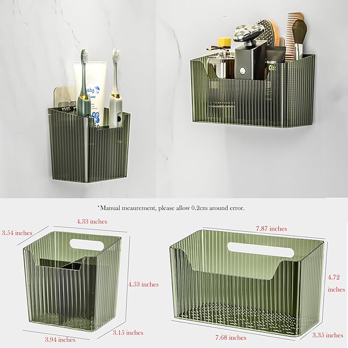 Set Of 2 Storage Organizer Bins Wall Mounted Shower Caddy, Bathroom shelves Stackable Clear Plastic Toothbrush Holder Adhesive Hanging Bin for Bathroom, Kitchen, Cabinet, Shower BPA Free Small (Clear)