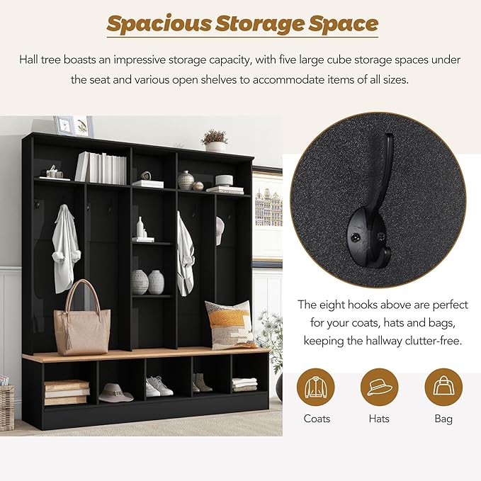 4 in 1 Hall Tree with Shoe Bench, Wood Entryway Storage Bench with Cube Storage & Shelves Multifunctional Coat Rack with 8 Hooks for Home Office Bedroom Mudroom Living Room, Black
