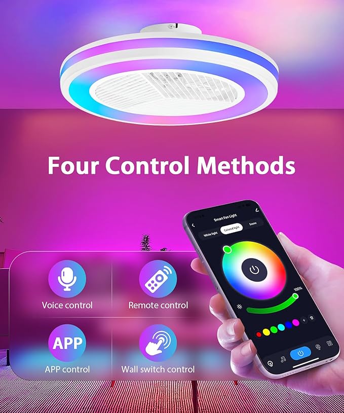 2-in-1 Low Profile Ceiling Fan with Light, 20” Caged Safety Design for Kids - RGB Color, Smart APP/Remote Control, Quiet Flush Mount DC Motor, Triangle, Ideal for Bedroom/Living Room/Kitchen, White