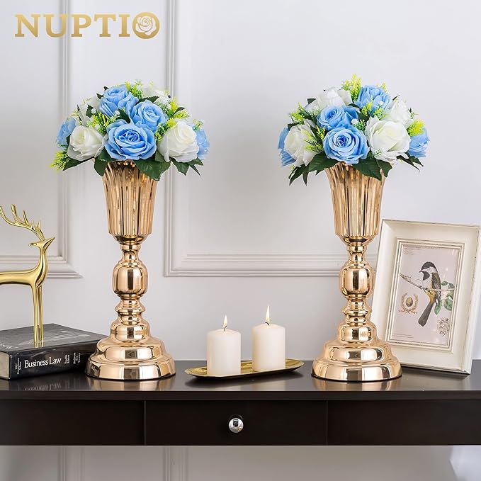 NUPTIO Pcs of 6 Fake Flower Ball Arrangement Bouquet,15 Heads Plastic Roses with Base, Suitable for Our Store's Wedding Centerpiece Flower Rack for Parties Valentine's Day Home Décor (Blue & White)