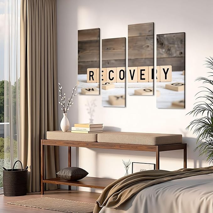 Canvas Wall Art Prints Pictures Recovery from wooden letters Framed Posters Modern Wall Painting Artwork Gift Home Decor for Living Room Ready to Hang 4 Panel