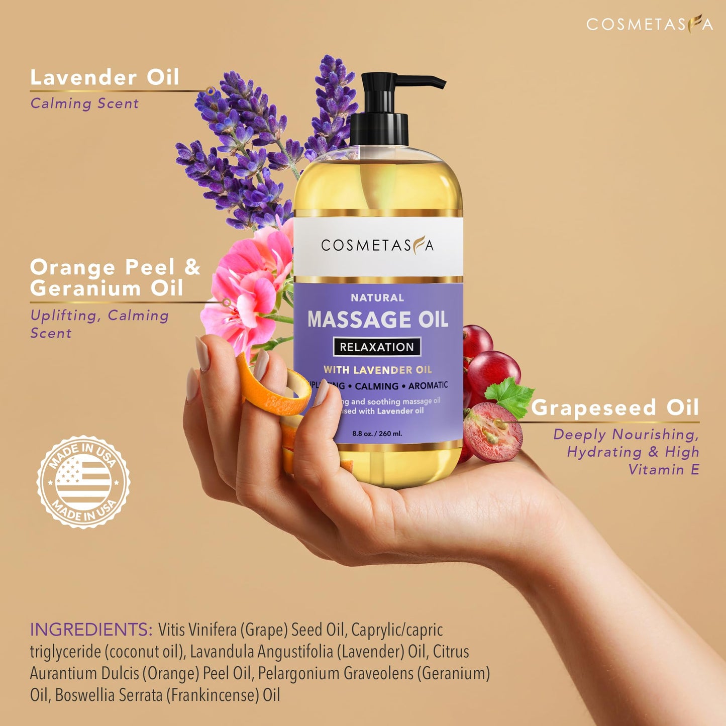 Cosmetasa Spa Gift Set for Women & Men - Relaxation Lavender Massage Oil, Citrus Coconut Oil, Arnica Sore Muscle Massage Oil with Hot Stones, Roller Ball and Thumb Saver Massage Tools