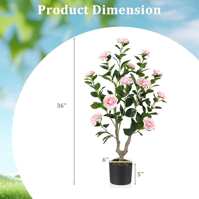 GOFLAME 3FT Artificial Camellia Tree, 2 Pack Faux Camellia Plant with Pink Flowers, Solid Wood Trunk, Realistic Moss, Greenery Potted Decoration Tree for Indoor Outdoor Home Porch Front Door