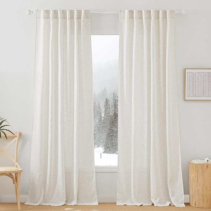RYB HOME Flax Linen Blend Curtains - Light Filtering Rich Linen Semi Sheer Airy Breathable Window Treatments Soften Sunlight for Farmhouse Living Room Dining Door, W 52 x L 90 inch, 2 Panels
