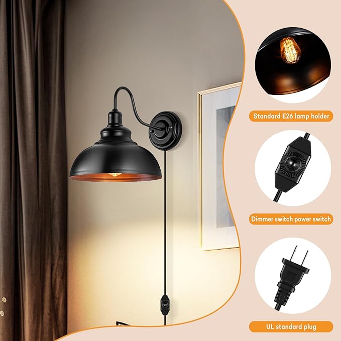 Lightess Dimmable Wall Sconce Plug in, Industrial Farmhouse Sconce with Dimmer On Off Switch, Black Barn Light Gooseneck Light Fixture, OLB11