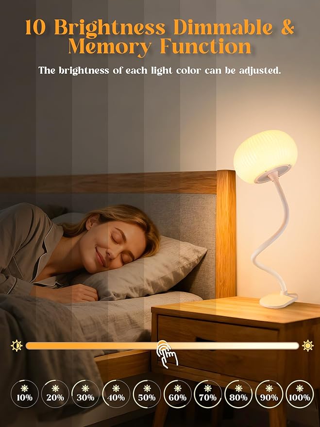 Clip on Light, 10 RGB Colors & Warm White Desk Lamp with Clamp, 10 Brightness Reading Light, Night Lamp, Bedside Lamps, USB Adapter Clip on Lamp for Bedroom/Headboard/Bed/Bedside