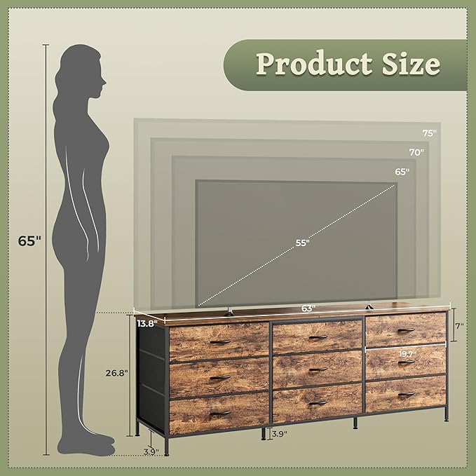 Huuger 63 Inch Dresser for Bedroom, Dresser for Closet with 9 Drawers, Large TV Stand for 55, 65, 70 Inch TV, Entertainment Center with Storage, Wide Long Chest of Drawers, Rustic Brown