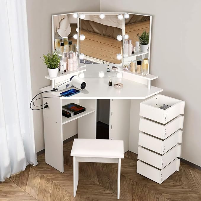 VOWNER Vanity with Lights - Makeup Vanity Desk with Power Outlet, 3 Color Lighting Options Brightness Adjustable, 5 Rotating Drawers, Shelves and Stool for Bedroom, White