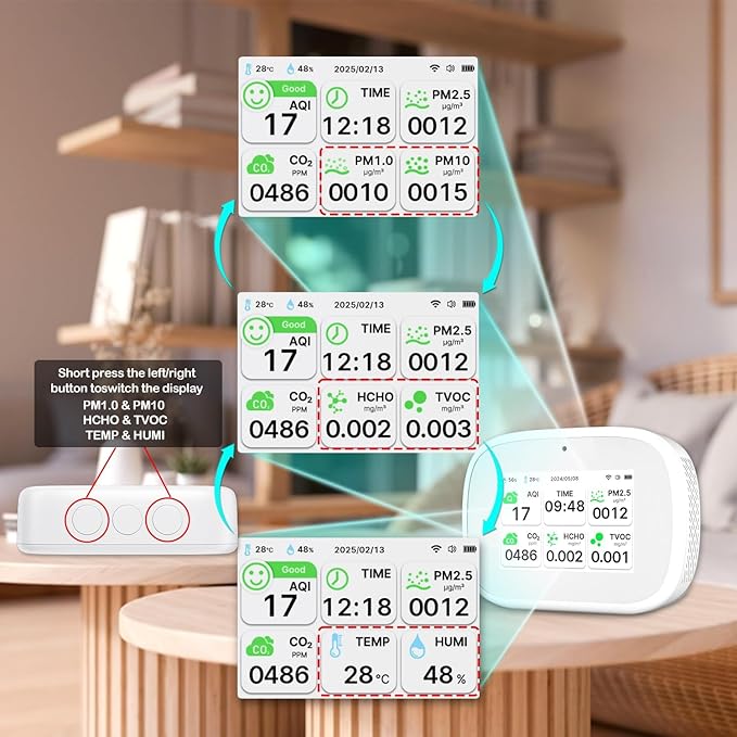 18-in-1 Smart Air Quality Monitor - Indoor WiFi Air Quality Detector with Dual Chip, Real-Time for AQI, CO2, PM2.5, PM1.0, PM10, TVOC, HCHO, Time, Temperature & Humidity with APP (White-White)