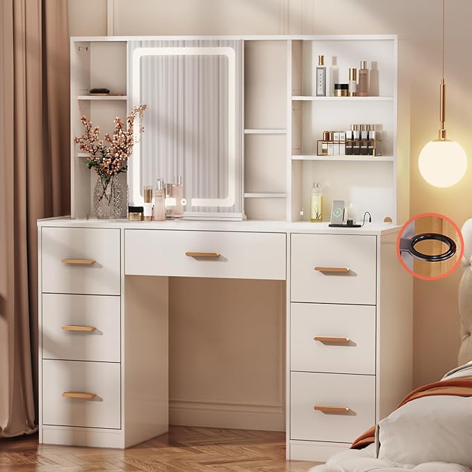 47'' Large Vanity Desk with Mirror and Lights, 7 Drawers, 8 Storage Shelves Vanity Table, Big Makeup Vanity Desk with 3 LED Lighting Modes, Vanity Dresser with Outlet, Sliding Mirror (White)