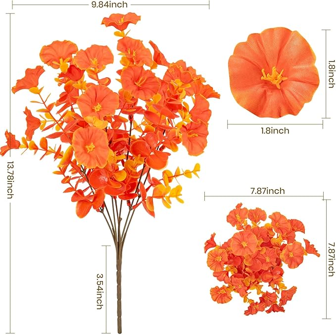 Artificial Faux Flowers for Outdoor 16 Bundles Boxwood Fake Morning Glory for Planter,UV Resistant Fake Flowers for Home Porch Patio Outside (Fall Red)