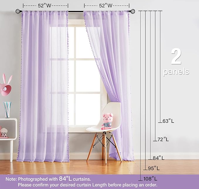 Treatmentex Pom-Pom Sheer Curtains for Kid's Room, 63" Linen Textured Volie Window Curtain Panels Lilac 52" w 1 Pair