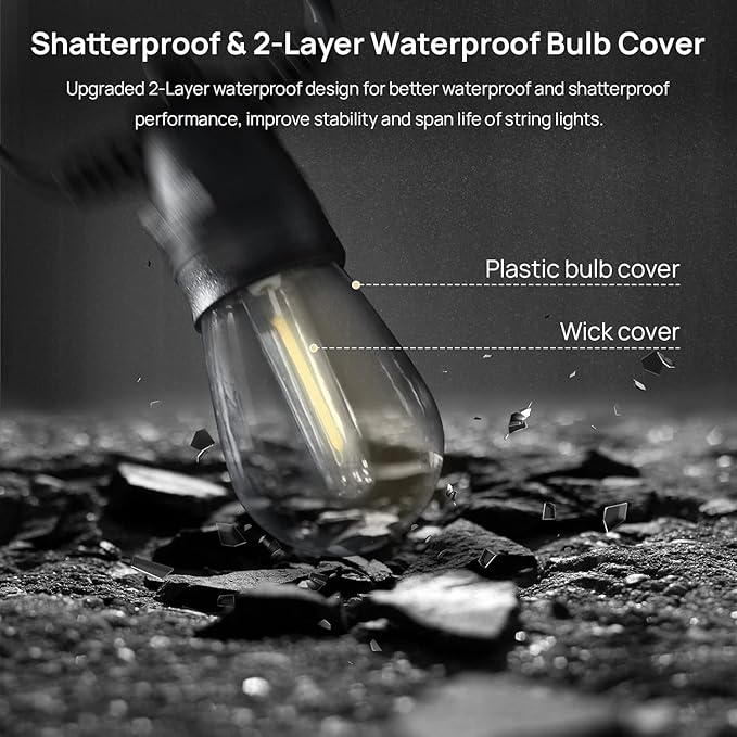 49FT LED Outdoor String Lights - Waterproof Patio & Backyard Cafe Lights with 15+2 Spare Bulbs