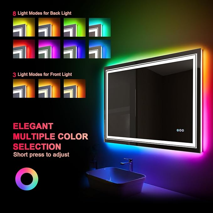 LED Mirror for Bathroom, 20"X28" with 8 RGB Backlit +3 Front Lit (Adjustable Individually), Anti-Fog, Lighted Bathroom Vanity Mirror for Wall, Shatterproof, Memory Function, Tempered Glass