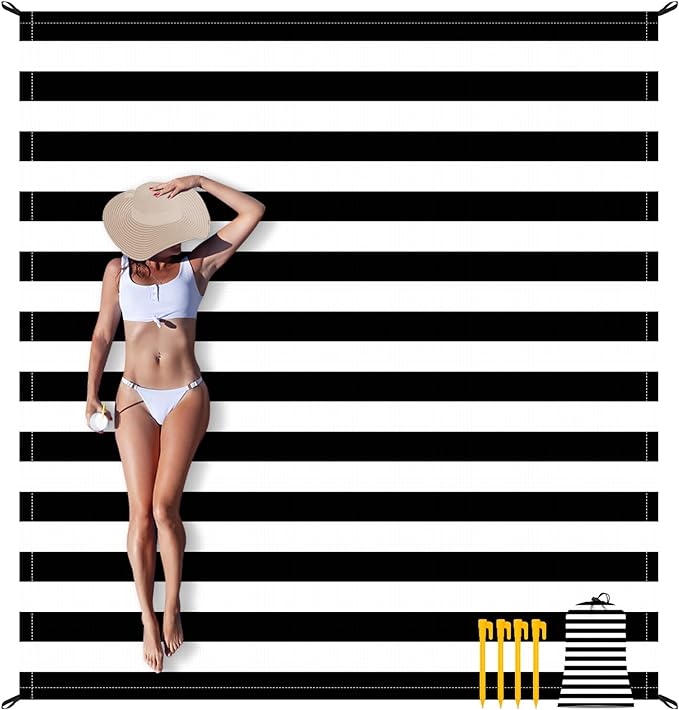 Large Beach Blanket, Black & White Stripe Beach Mat Sand Free Waterproof, Polyester Picnic Blankets Sandproof Stainproof Oversized 9 Ft X 10 Ft for 8 Adults, Beach Essentials Accessories