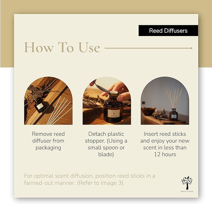 PRISTINE Moroccan Riad/Inspired by Venetian Reed Diffuser for Home | Refreshing Blend of Bergamot, Orange, Earthy Oud Reed Diffuser Set, Oil & Reed Diffuser Sticks | Home & Office Decor