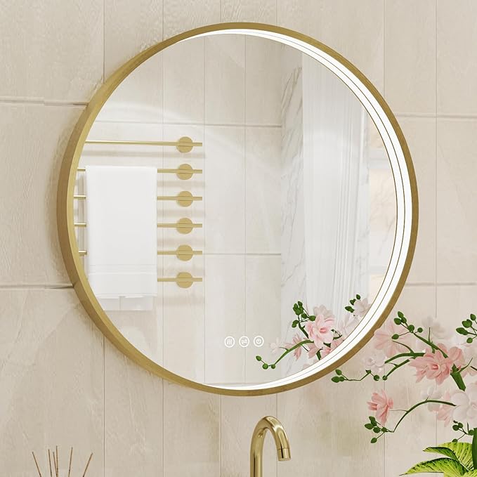 24 Inch Round LED Bathroom Mirror, Gold Metal Framed Lighted Mirror for Bathroom, Wall Mouted LED Vanity Mirror with Lights, 3 Colors and Stepless Dimmable, Anti-Fog, Memory