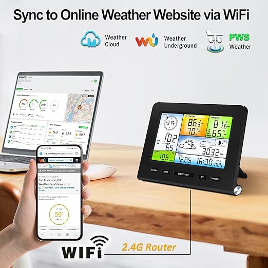 Urageuxy Weather Station Wireless Indoor Outdoor, Home Weather Stations with Rain Gauge, Wind Speed/Direction, Temperature, Humidity, Weather Forecast, Alarms, WiFi