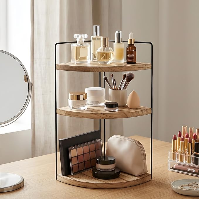 Corner Bathroom Counter Organizer Countertop Brown, 3-Tier Corner Shelf Wood Vanity Tray Easy Assembly Space Saving Shelf for Kitchen, Bathroom, Dresser, Makeup, Office