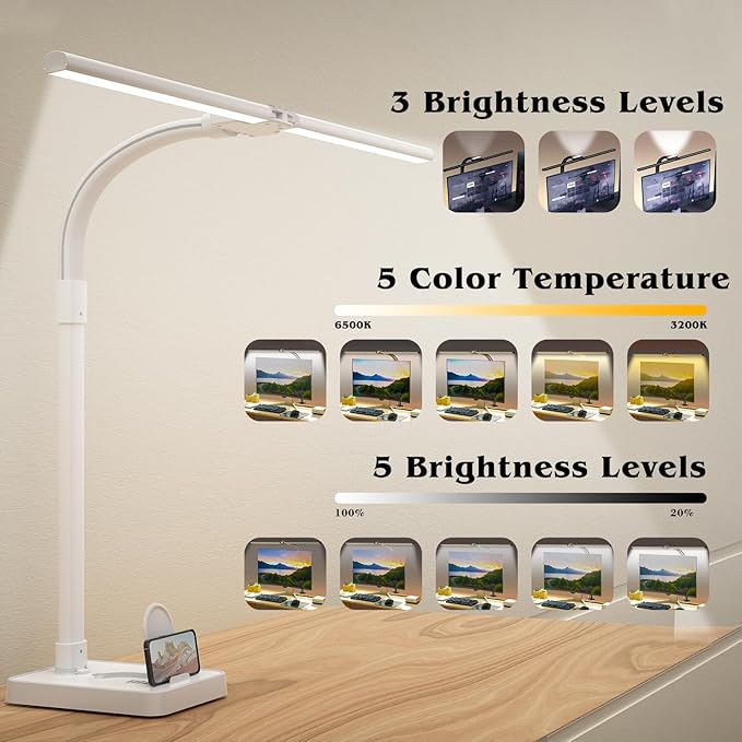 Led Desk Lamp for Home Office,24W Bright Eye-Caring Desk Light with Base,5 Brightness and 5 temperatures Dimmable Workbench Task Light, Adjustable Gooseneck Table Lamp for Monitor(White)