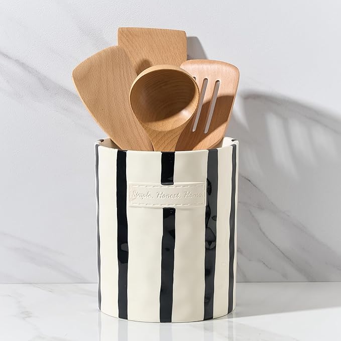 JIEMEI HOME Kitchen Utensil Holder, 7.2" Ceramic Stable Utensil Crock for Countertop, Modern Minimalism Style Cooking Tool Organizer with Cork Mat, Spatula Holder For Kitchen Decor, Black stripes