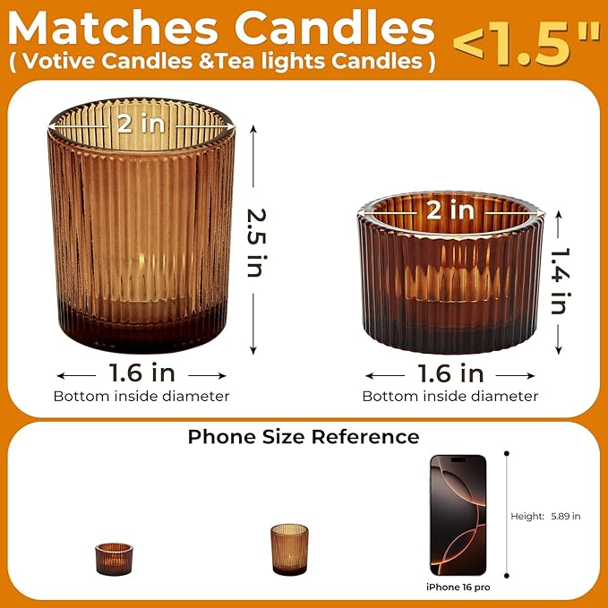 20pcs Assorted Votive Candle Holders for Tea Light Candles, Amber Glass Tea Light Candle Holders Set, Decorative Ribbed Tealight Holder for Wedding Table Decor, Dining Room, Valentine's Day, Birthday