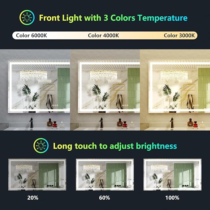 65x36 Inch RGB LED Bathroom Mirror Front Light and RGB Backlit Lighted Vanity Mirror for Bathroom Wall Mounted Dimmable Anti Fog Memory Shatter-Proof IP54 Waterproof Horizontal/Vertical