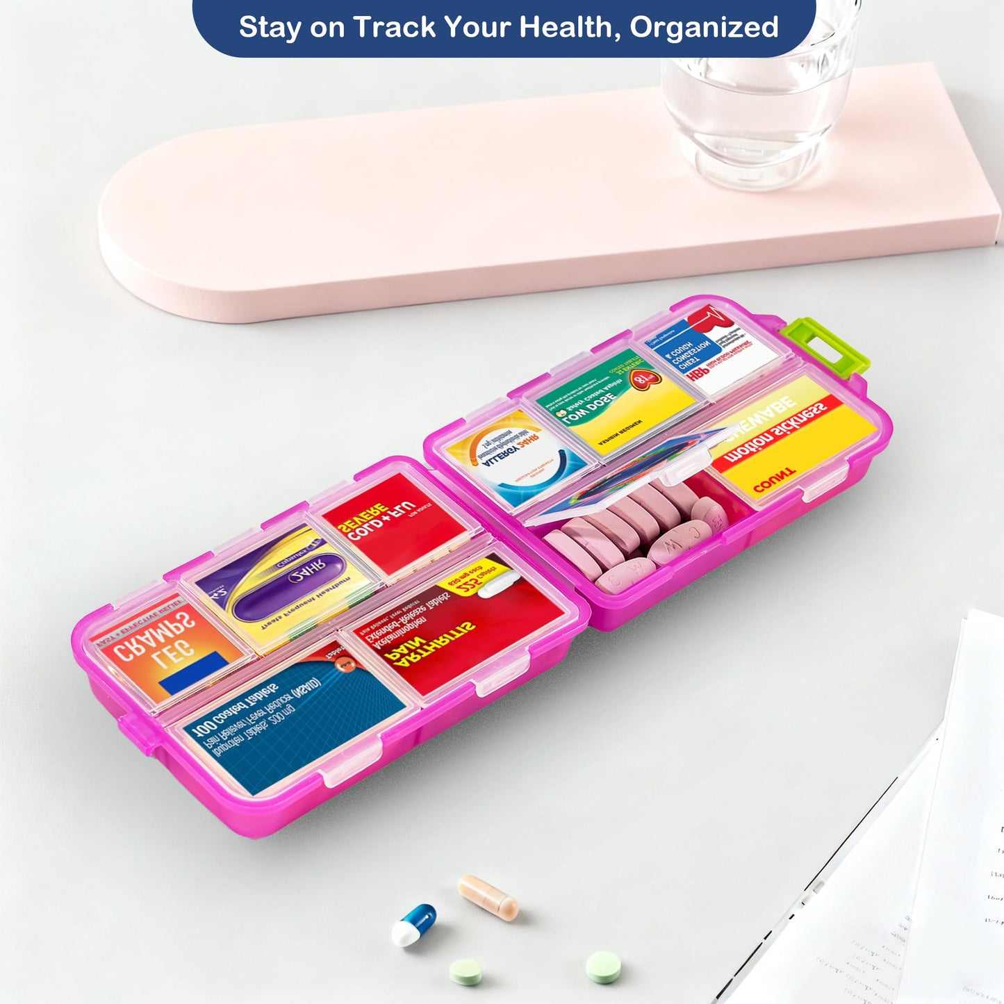 2026 New Extra Large Pill Box with Medicine Labels Travel Essentials Daily Med Container Mini Medication Organizer Storage Organizer Case 7 Day Pill Organizer(Pink)