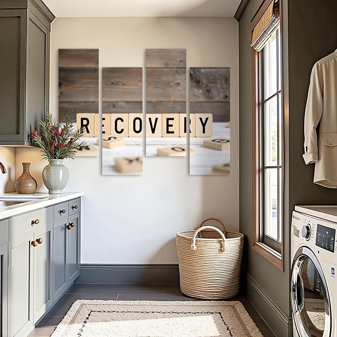 Canvas Wall Art Prints Pictures Recovery from wooden letters Framed Posters Modern Wall Painting Artwork Gift Home Decor for Living Room Ready to Hang 4 Panel