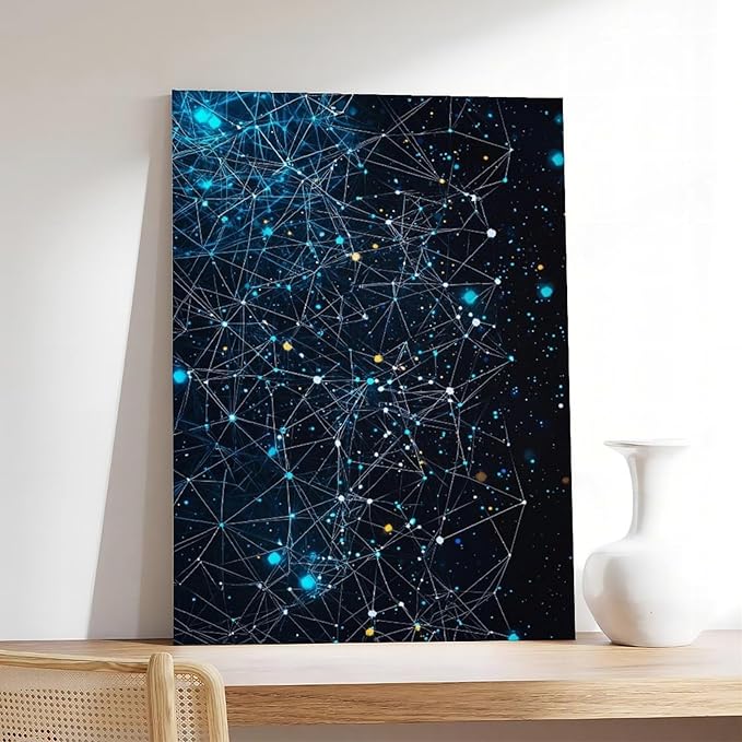 Modern Futuristic Abstract Tech Network Wall Art, Intricate Geometric Lines And Grids, Cool Blue And Neon Cyan Home Decor Canvas Poster Wall Art Bedroom Decor Office Room Kitchen Decor Gift 08x12inch
