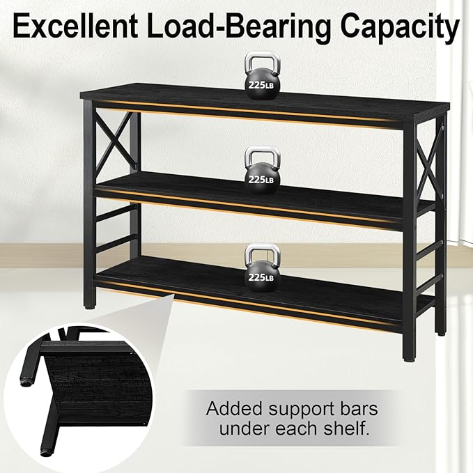 HOMBAZAAR Sofa Table,Industrial Console Table with Storage,Entryway Table with Engineered Wood and Metal,3 Tier Shelf for Living Room,Hallway,Black,47 Inch