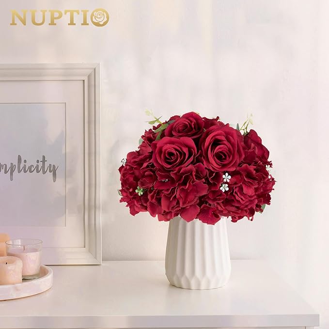 NUPTIO Flower Balls for Centerpieces Wedding: 10 Pcs 11.8 inch Diameter Artificial Flower Ball Arrangement Bouquet Centerpiece for Tables - Burgundy Fake Rose Flowers for Wedding Decor