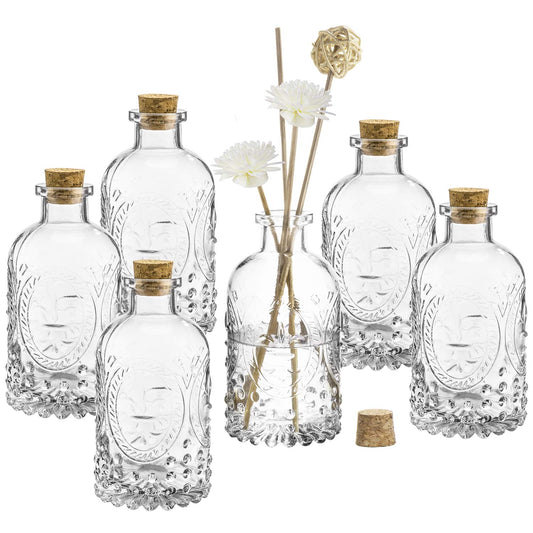 MyGift Vintage Design Embossed Fleur De Lis Clear Glass Bottles with Cork Lid, Apothecary Flower Bud Vases, Set of 6