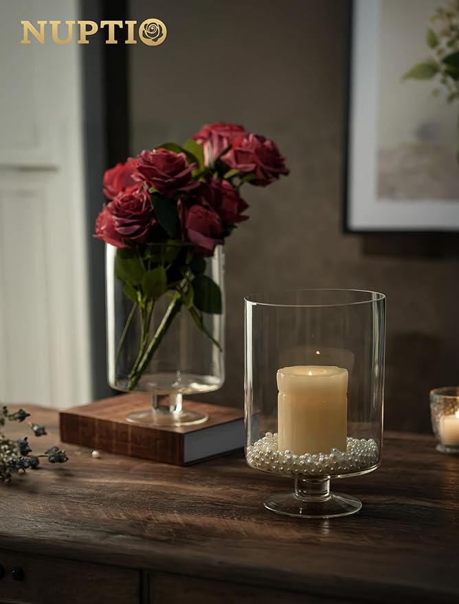 Nuptio 2 Pcs Glass Flower Vase - Large Pillar Candle Holder, 8.7in Tall Glass Cylinder Candle Holder Hurricane Ornament for Wedding Party Dining Table Home Centerpieces Housewarming Gift