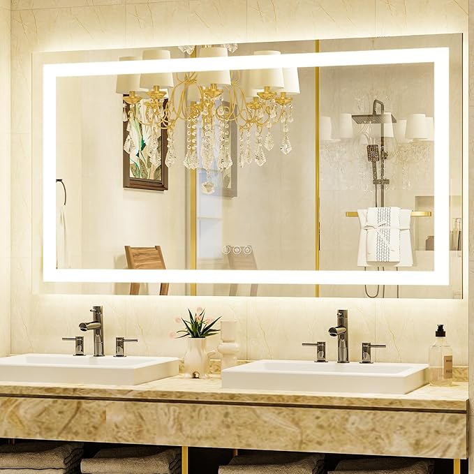 36"x 48"LED Bathroom Mirror, Backlit + Front Lit, LED Bathroom Mirror with Lights for Wall, 3 Colors, Anti-Fog, Dimmable Brightness, Tempered Glass