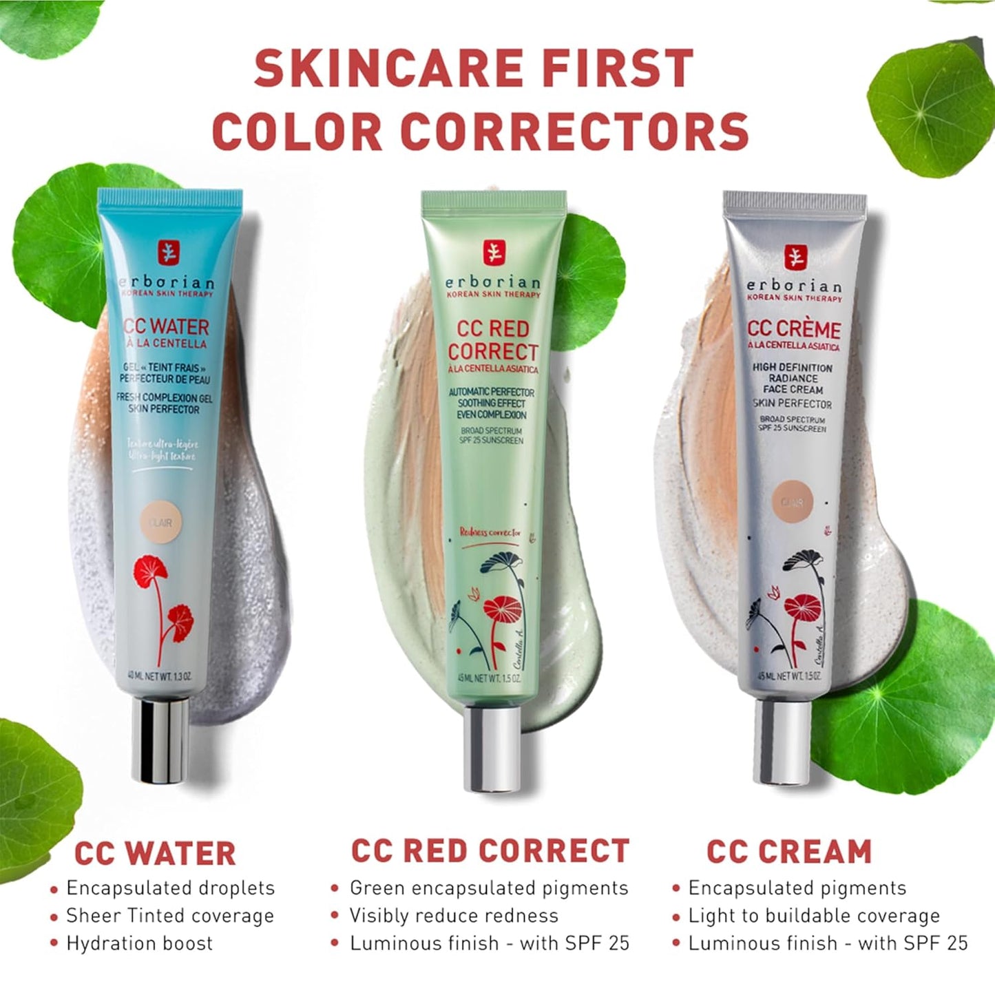 Erborian CC Water with Hyaluronic Acid, Clair - Ultra-Light Aqua Gel Color Corrector with Centella Asiatica & Hyaluronic Acid - Plump, Softer & Hydrated Skin - Korean Skincare Skin Perfector - 1.3 Oz