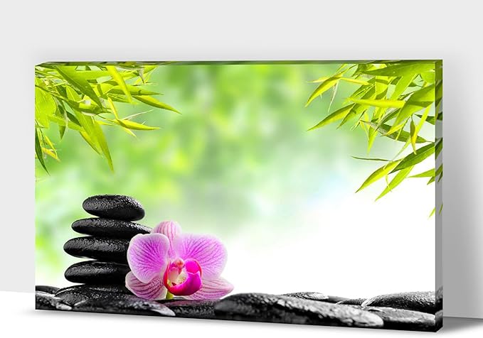 GUTTATY Zen Wall Art Decor, Modern Bathroom Zen Decor Wall Art, Canvas Wall Art for SPA Zen Room Decor, Green Bamboo Leaves and Pebble Relaxing Zen Art Prints for Office & SPA Wall Decor 32x48 Inches