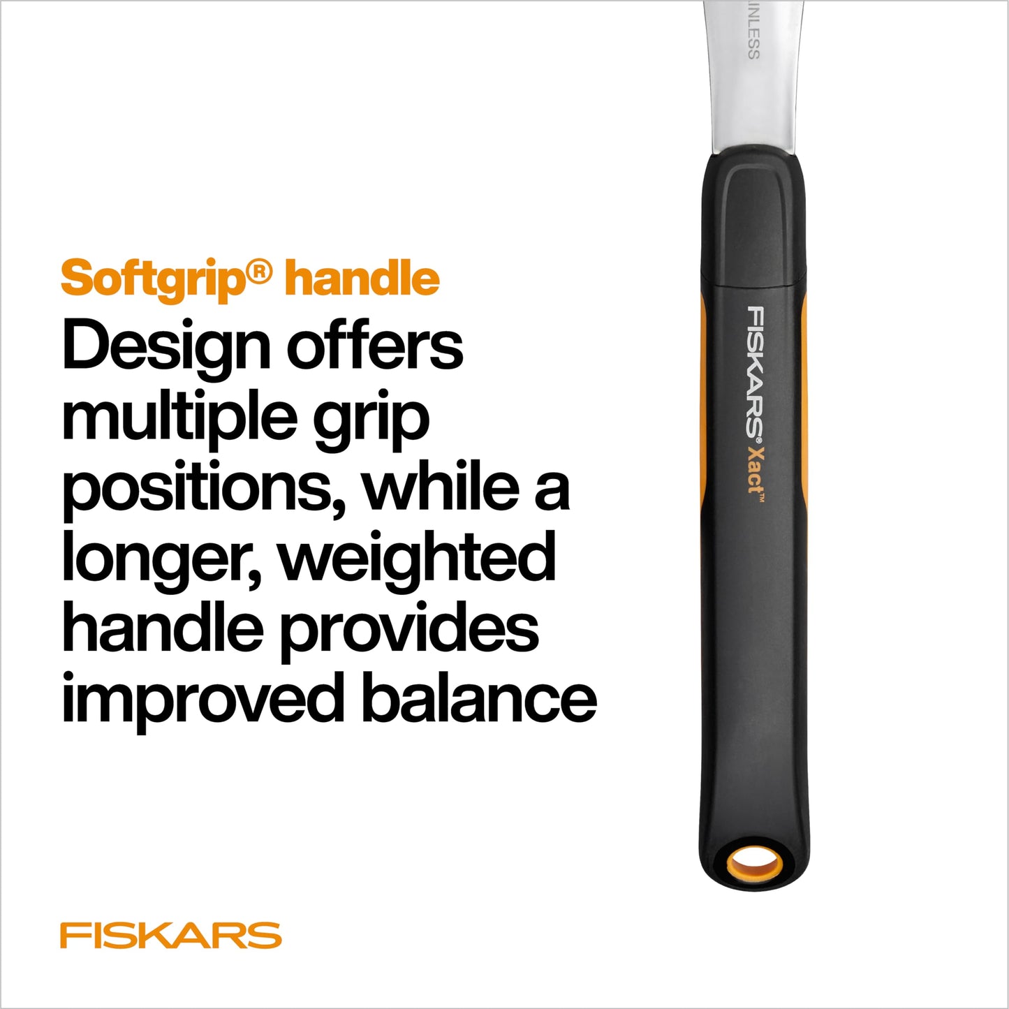 Fiskars Xact Hand Rake, Heavy Duty Gardening Hand Tool with Ergonomic Handle and Hanging Hole for Storage, Stainless Steel Head and Tines, Perfect for Maintaining a Raised Garden Bed