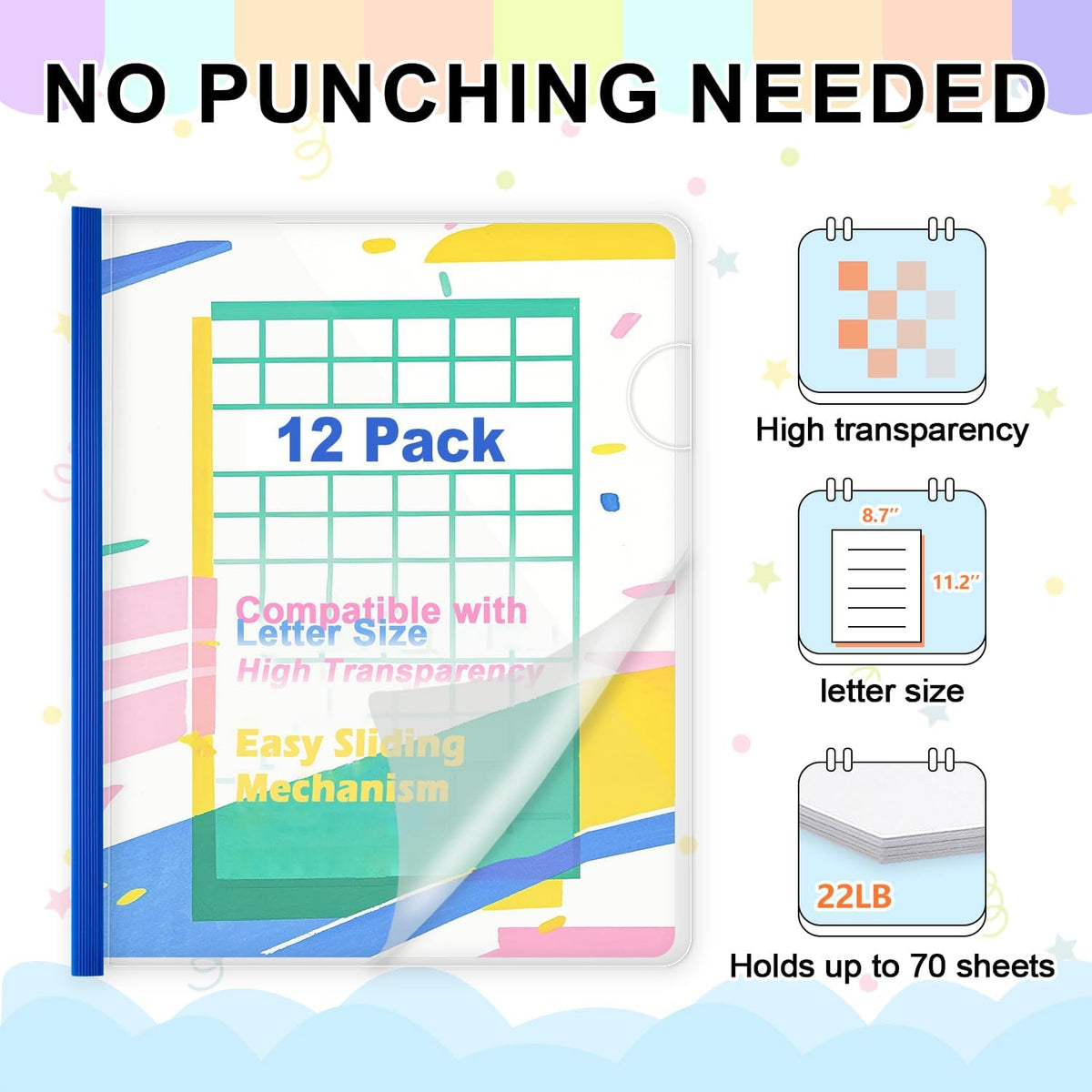 TOTiyea 12 Pack Clear Report Covers with Sliding Bars, 9mm (70 Sheet Capacity) Blue Sliding Bar File Folders, for Letter Size