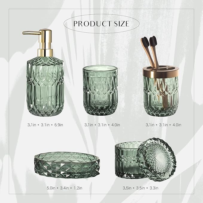 EMPO 6PCS Bathroom Clear Glass Accessories Set (Lotion Soap Dispenser, Soap Dish, Toothbrush Holder, Tumbler, Cotton Swab Jar), Contemporary Modern Decor Crystal Vintage Gift (6pcs Green)