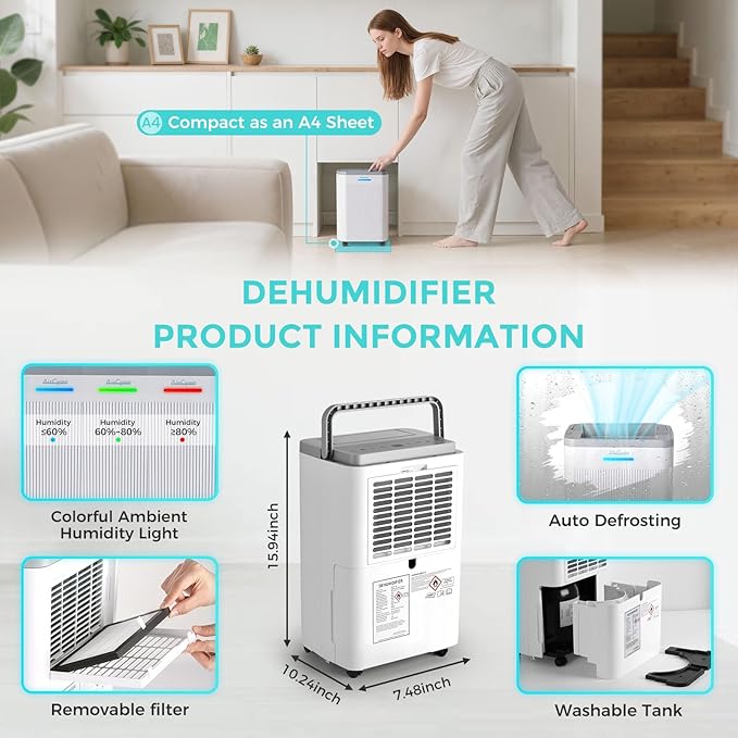 1500 Sq.Ft Dehumidifier, Max 32 Pint Quiet Dehumidifier for Bedroom with HEPA Filter Air Purifiers, Dehumidifiers for Basement with Drain Hose,Home,Bathroom,Auto Defrost,Smart Humidity Control
