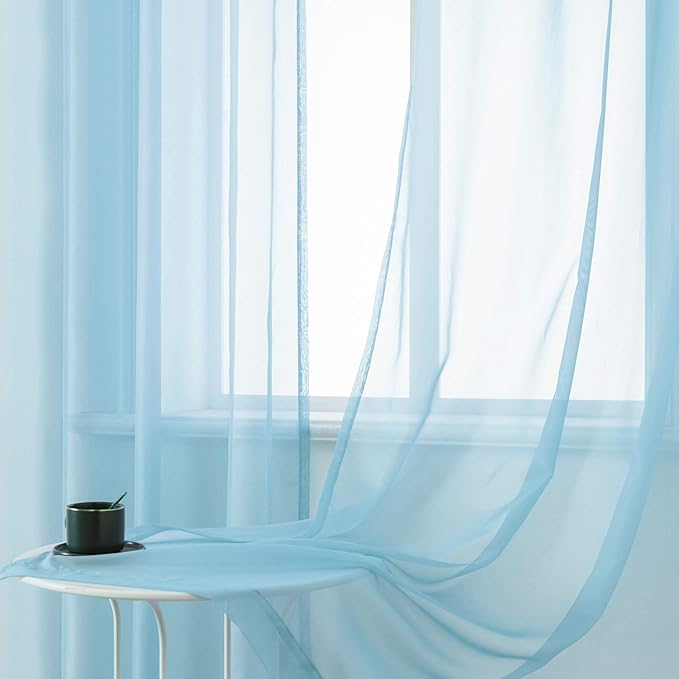 DUALIFE Sky Blue Voile Sheer Curtains Grommet,Look Semi Sheer Windows Panels,Elegant Solid Color Touch Soft Drapes, 52X96 Inch for Living Room Bedroom,Set of 2 Panels