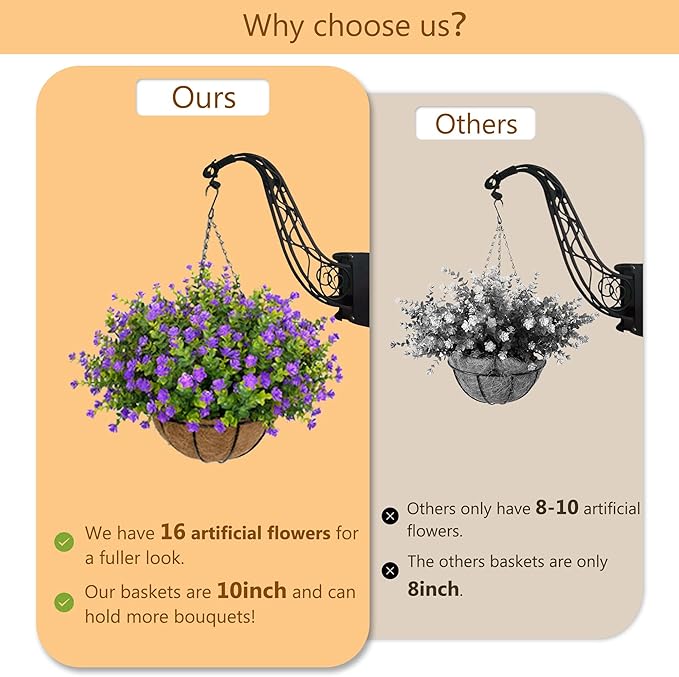 Artificial Hanging Flowers Basket for Outdoor, 16 Fake Flowers Look Real UV Resistant, Faux Hanging Plants for Porch, Balcony, Patio, Garden, Spring Summer Decor,Purple