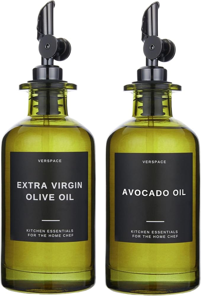 Verspace UV-Protected Green Glass Olive Oil Dispenser Bottles For Kitchen - Includes 40 Kitchen Essential Labels, Avocado Oil Dispenser Set, Modern Decor for Home, Airbnb, Cafe Set of 2