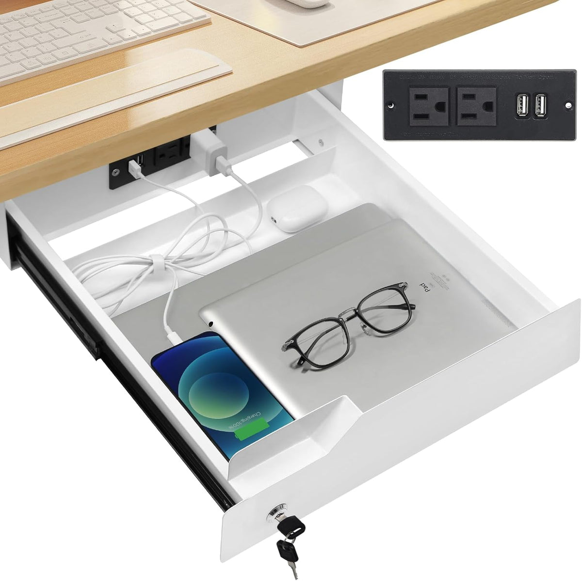 Lumil Under Desk Mounted Drawer Lockable with 3 Prong Extension Cord 10 FT with Multiple Outlets and Foldable Cable Management Arm for Office Desk 15.7" (W) x 15.7" (D) x 4.4" (H), White