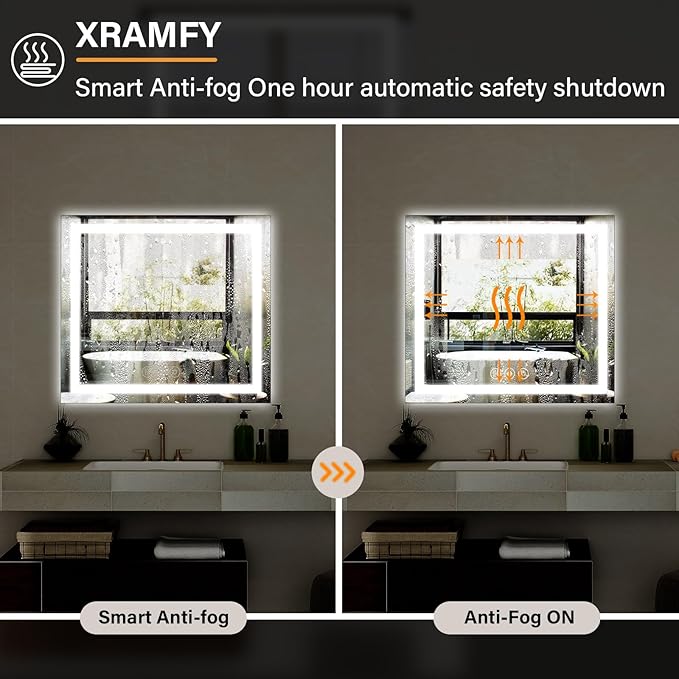 36"x 36"LED Bathroom Mirror, Backlit + Front Lit, LED Bathroom Mirror with Lights for Wall, 3 Colors, Anti-Fog, Dimmable Brightness, Tempered Glass
