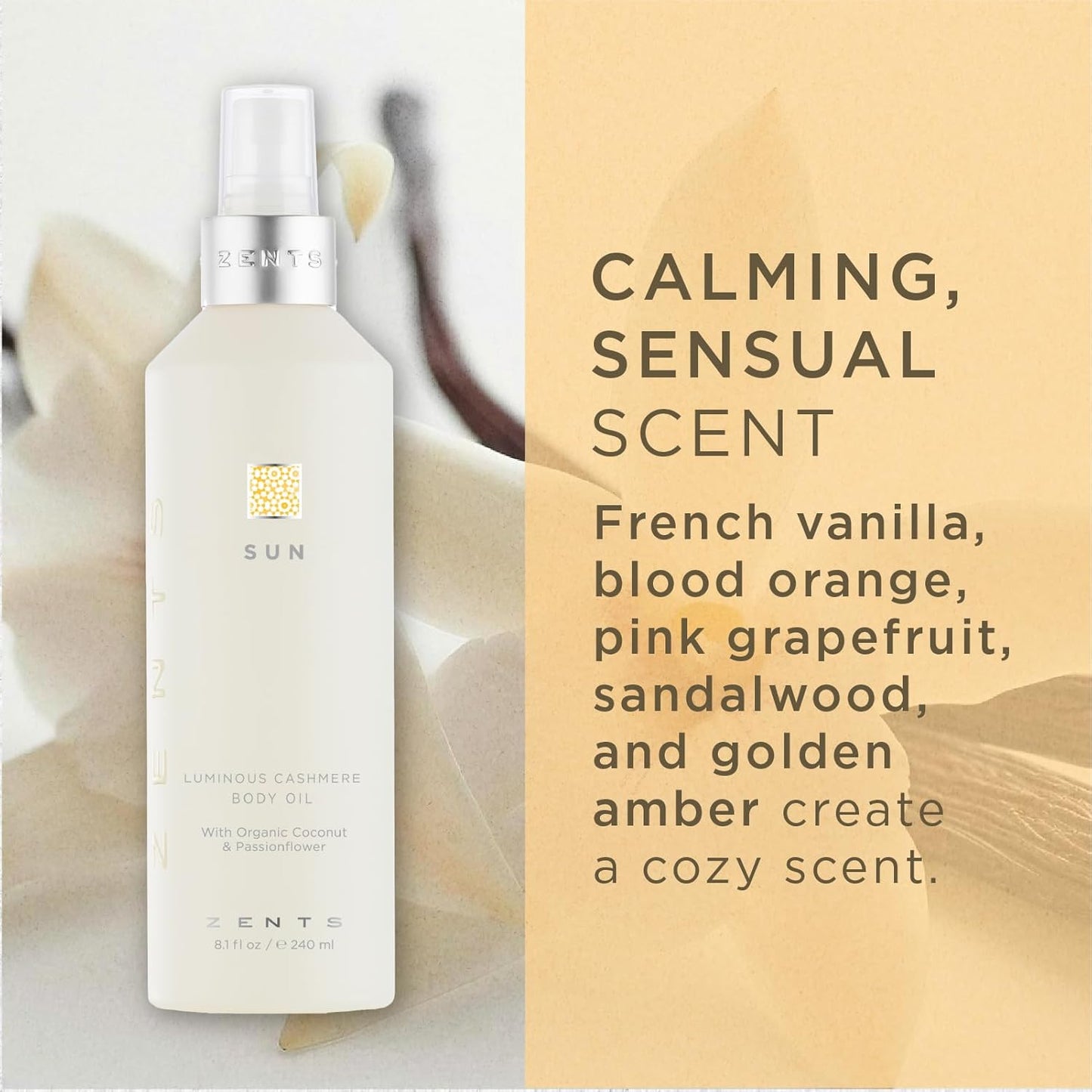 Zents Luminous Cashmere Body Oil (Sun Fragrance) | Moisturizing Body Oil with Vitamin E & Organic Coconut Oil | Softens & Smooths Skin | 8 fl oz